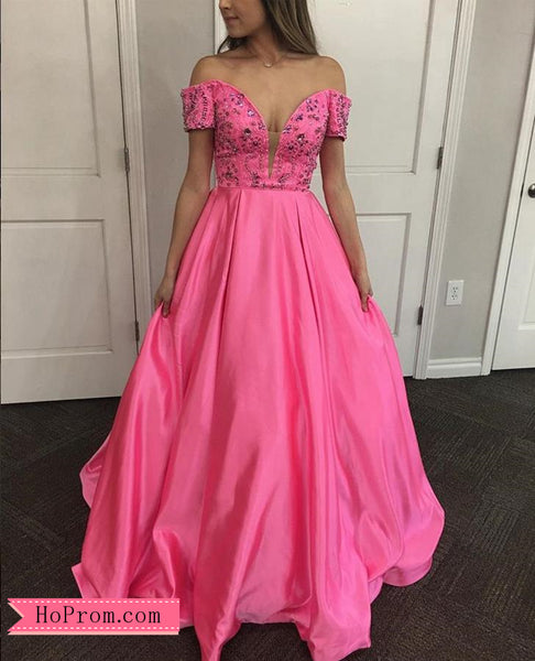 Off The Shoulder Beaded Pink Prom Dress Plunging Neckline Evening Ball Gown