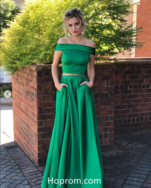 Green Off Shoulder Two Piece Prom Dresses