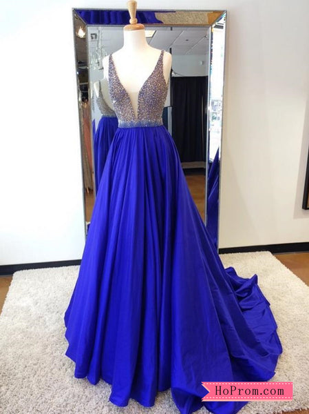 Blue Choker Halter Prom Dress Formal Evening Dress Gown