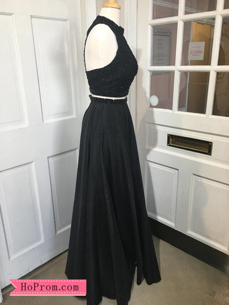 Two Piece High Halter Racer Back Black Prom Dresses With Pockets