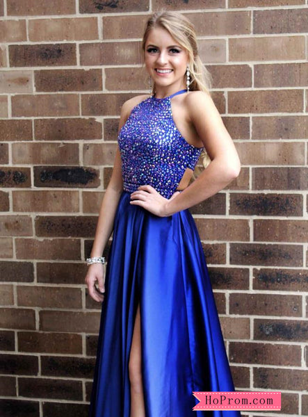 Radiant Jeweled High Halter Neck Slit Prom Dresses Online