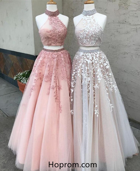 Two Piece Applique Prom Dresses Tulle Lace Evening Dresses