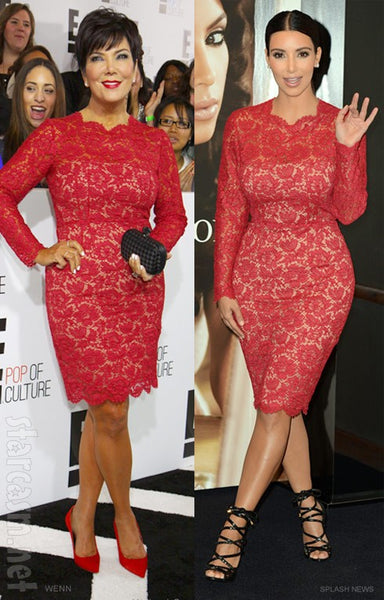 Red Kim Kardashian (Kim K) Short Lace Long Sleeves Dress Knee Length Prom Celebrity Dress For Sale