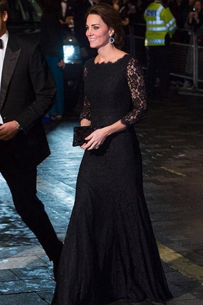 Black Duchess of Cambridge Kate Middleton Lace Round Neck Dress Long Sleeves Prom Celebrity Dress Royal Variety Performance