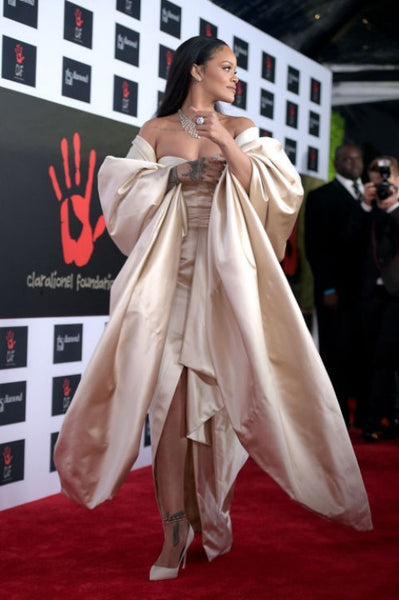 Champagne Rihanna Strapless Slit Dress Satin Prom Celebrity Red Carpet Formal Dress Diamond Ball