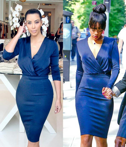 Navy Kim Kardashian (Kim K) Short V Neck Knee Length Dress Long Sleeves Prom Celebrity Dress For Sale