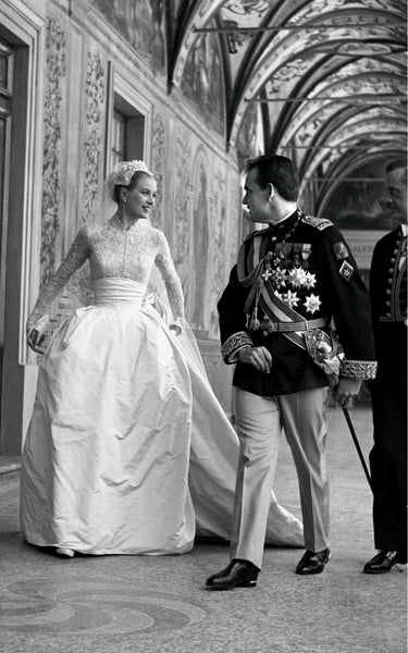 White Grace Kelly Lace High Neck Long Sleeves Dress Empire Waist Wedding Dress Best Celebrity Bridal Gown