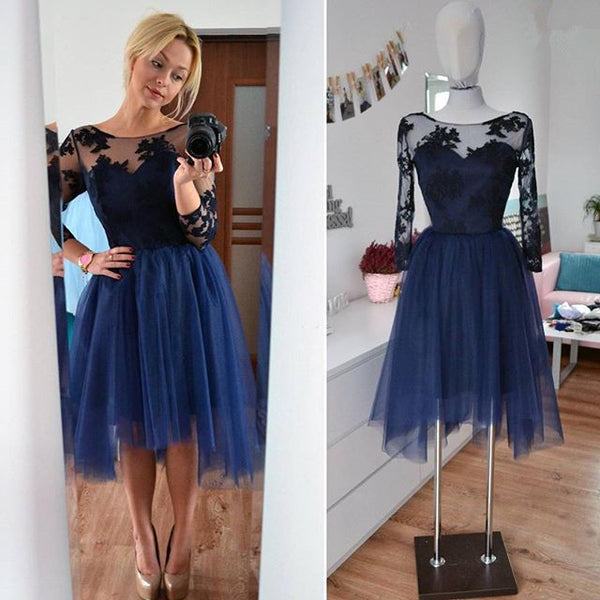 Tulle Applique Homecoming Dress,Long Sleeve Homecoming Dresses 2017