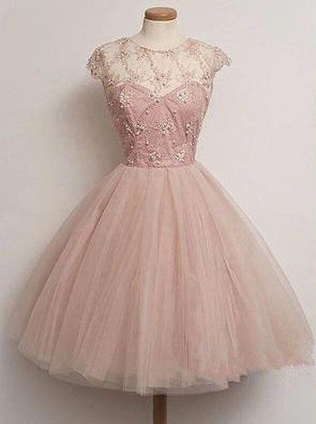 Tulle A Line Cap Sleeve Baby Pink Homecoming Dress