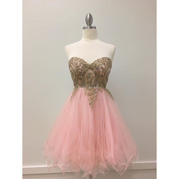 Sweetheart Chiffon Crystal Baby Pink Homecoming Dress