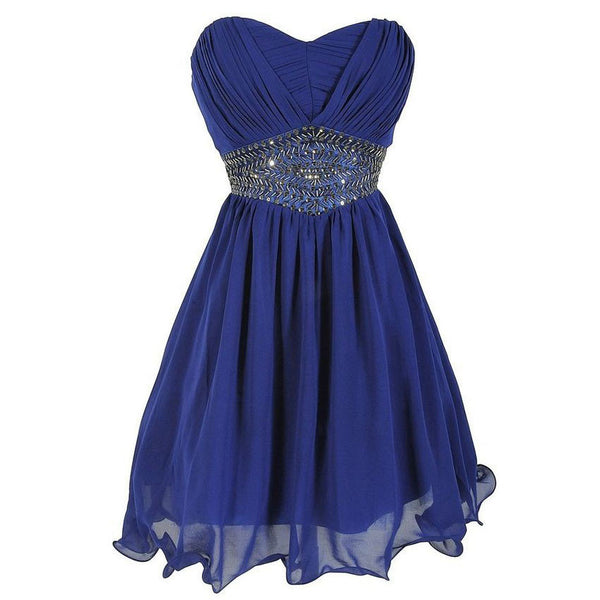 Sweetheart Crystal Homecoming Dress，Royal Blue Chiffon Short Homecoming Dress