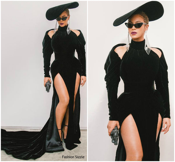 Black Beyonce Knowles Double Slit Dress Velvet Prom Celebrity Formal Dress Grammy Awards Online