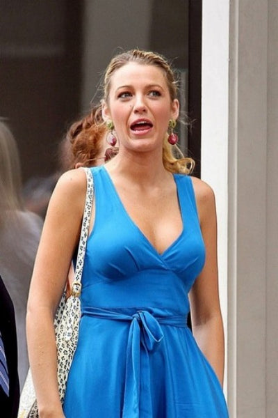 Blue Blake Lively  V Neck Dress Casual Prom Celebrity Evening Dress Serena van der Woodsen Gossip Girl