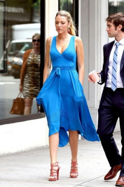 Blue Blake Lively  V Neck Dress Casual Prom Celebrity Evening Dress Serena van der Woodsen Gossip Girl