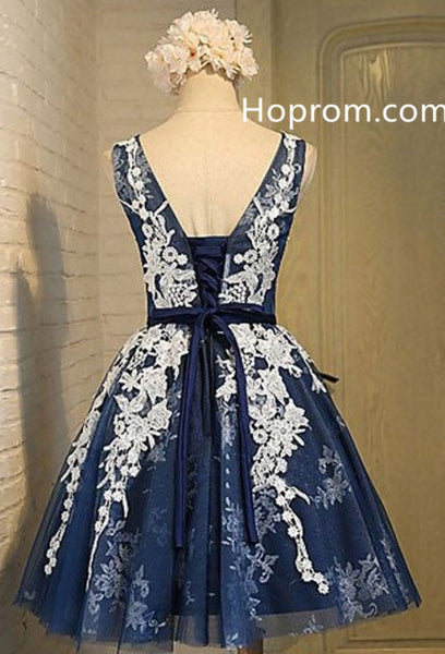 Neck Navy Blue Homecoming, A-Line Round Short Prom Dress with Appliques