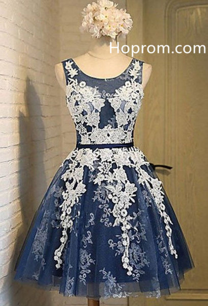 Neck Navy Blue Homecoming, A-Line Round Short Prom Dress with Appliques