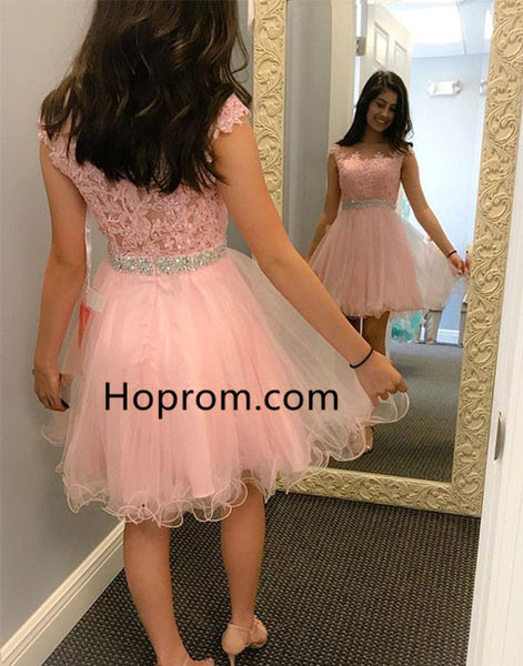 Pink Beading Homecoming Dress, Cute A line Lace Short Prom Dresses