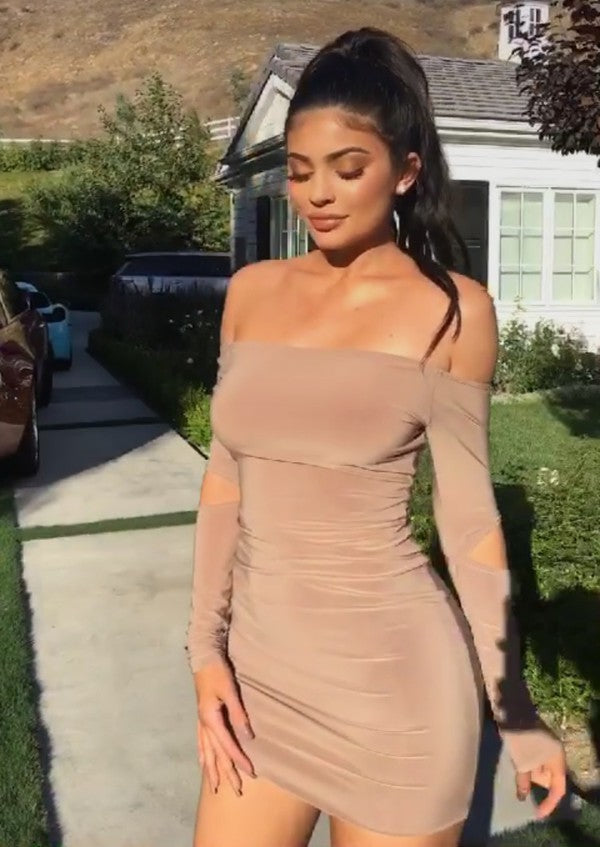 Light Brown Kylie Jenner Short Mini Nude Tight Dress Bodycon Long Slee –  Hoprom