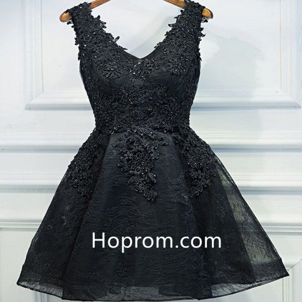 Lace Beaded Homecoming Dress, V-neck Black Short Prom Dresses