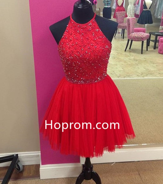 Tulle Halter Red Homecoming Dress with Beadings