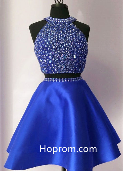 Two Piece Crystal Homecoming Dress, Royal Blue Halter Short Prom Dress