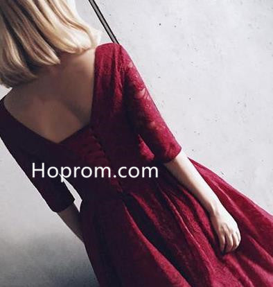 Short Lace Homecoming Dress, Burgundy V-neck Prom Dresses