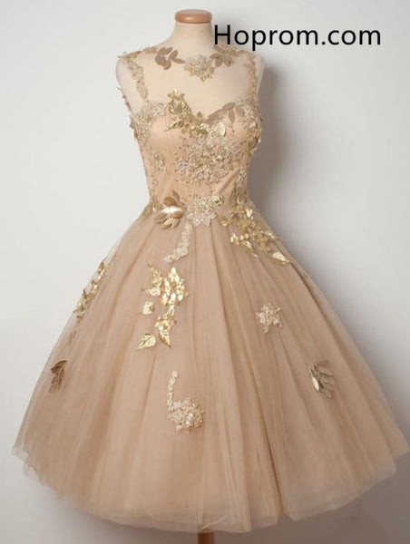 Tulle Champagne Homecoming Dresses with Appliques, Short Prom Dress