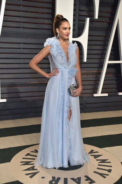 Blue Jessica Alba V Neck High Slit Long Prom Celebrity Evening Gown Vanity Fair Oscar Party