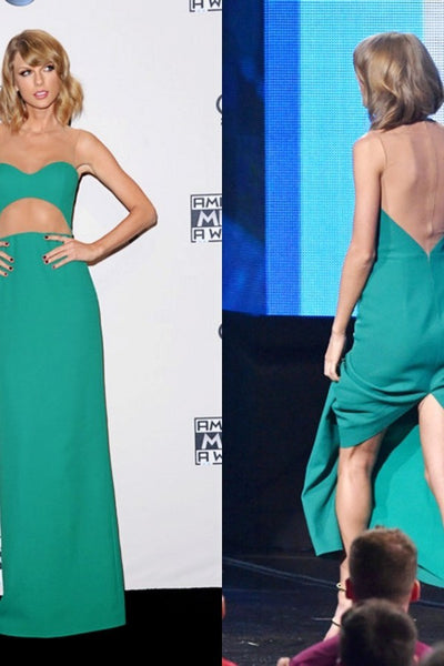 Green Taylor Swift Sheer Cut Out Dress Slit Prom Celebrity Dress AMA