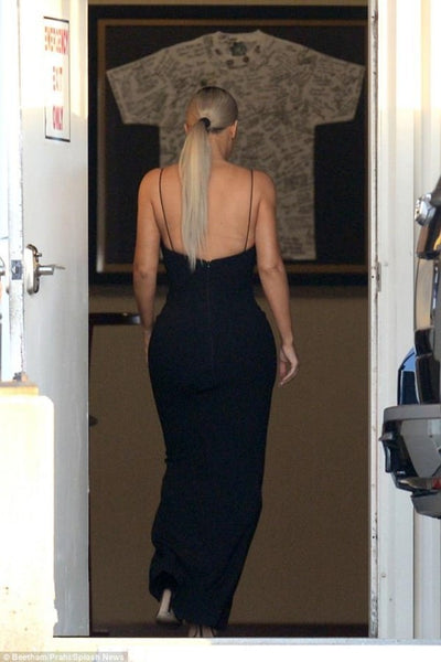 Black Kim Kardashian (Kim K) V Neck Slip Dress Satin Prom Celebrity Dress Serena Williams' Wedding