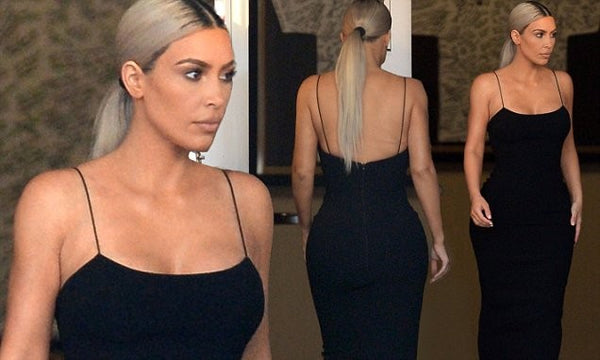 Black Kim Kardashian (Kim K) V Neck Slip Dress Satin Prom Celebrity Dress Serena Williams' Wedding