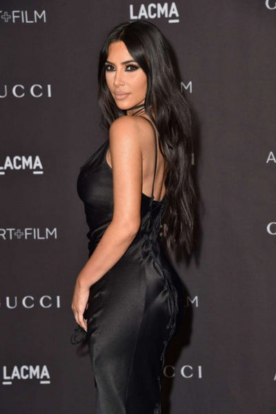 Black Kim Kardashian (Kim K) Satin Dress V Neck Prom Celebrity Dress LACMA Art+Film Gala