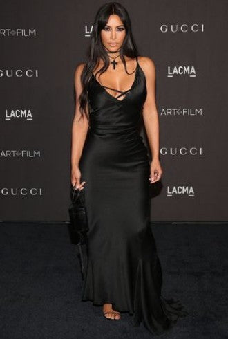 Black Kim Kardashian (Kim K) Satin Dress V Neck Prom Celebrity Dress LACMA Art+Film Gala