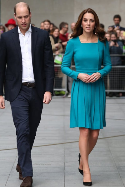 Blue Princess Kate Middleton Short Long Sleeves Dress Knee Length Prom Cocktail Celebrity Evening Dress BBC Visit