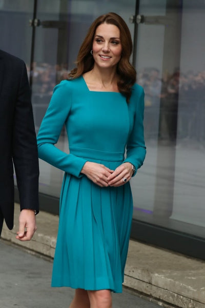 Blue Princess Kate Middleton Short Long Sleeves Dress Knee Length Prom Cocktail Celebrity Evening Dress BBC Visit