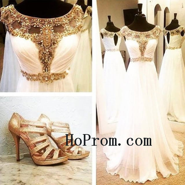 Round Neck Prom Dresses,Gold Beads Prom Dress,Evening Dresses