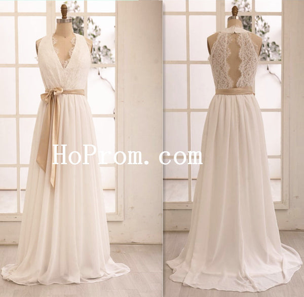 Sash Ivory Wedding Dress,V-Neck Bridal Dress