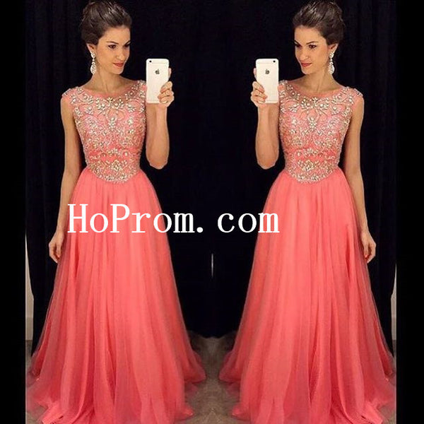 Coral Beading Prom Dresses,Long Prom Dress,Evening Dress