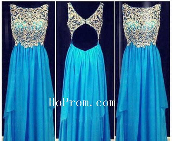 Blue Prom Dresses,Gold Applique Prom Dress,Evening Dresses