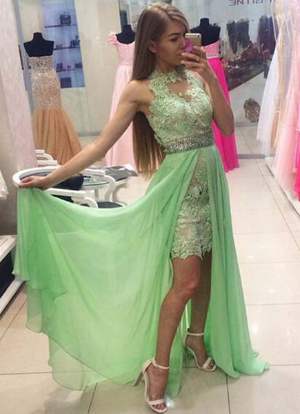 High Neck Green Lace Chiffon Prom Dresses Evening Dress