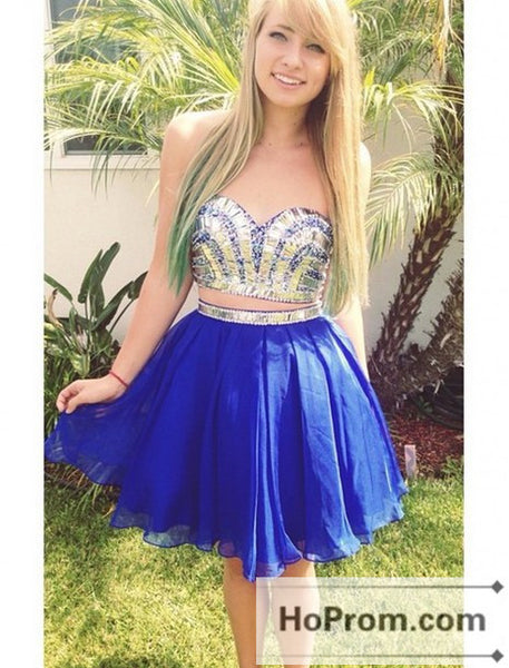 Strapless Royal Blue Two Piece Prom Dresses Homecoming Dresses