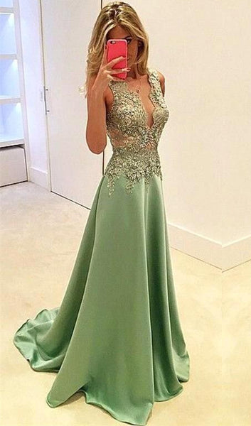 Green Satin A-Line Sleeveless Prom Dresses Evening Dress