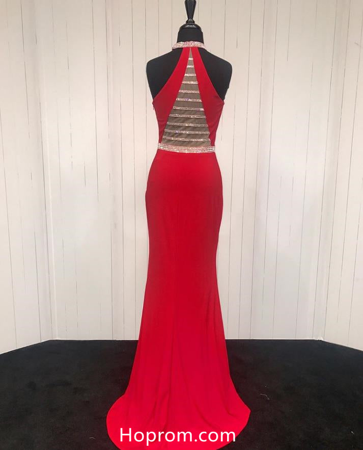 Red Halter Jersey Prom Dresses Beading Evening Formal Dresses – Hoprom