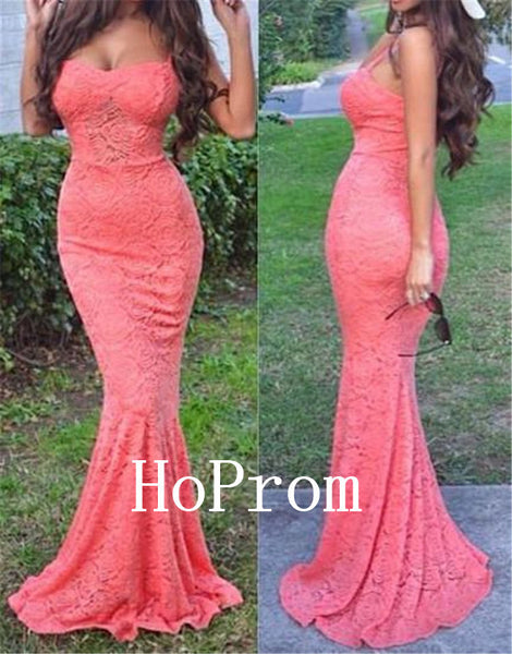 Lace Mermaid Prom Dresses,Spaghetti Straps Prom Dress,Evening Dress