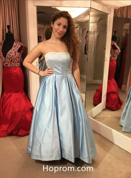 Light Blue Strapless A Line Prom Dresses Evening Dresses