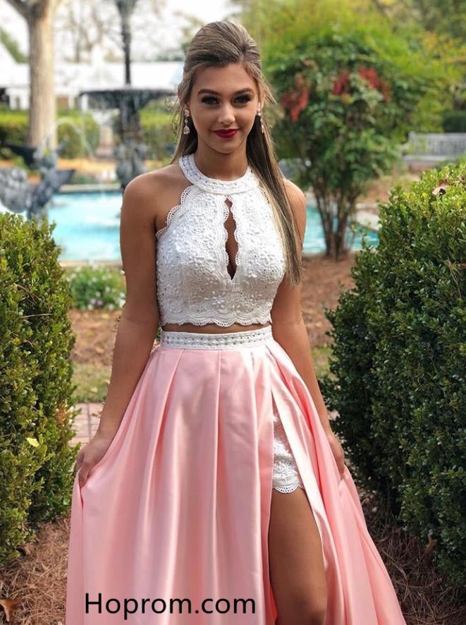 Elegant Lace Beaded Top Prom Dresses Two Piece Pink Evening Dresses ...