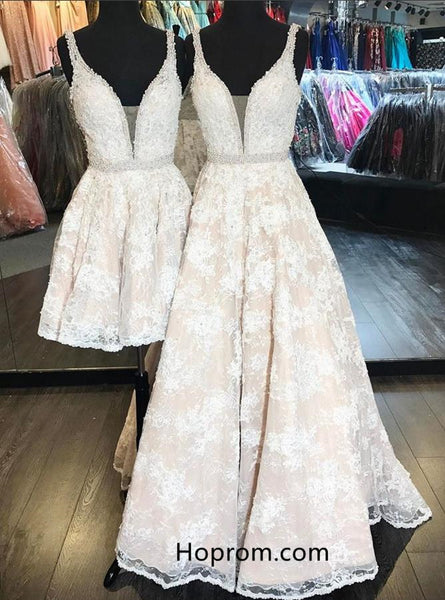 Elegant Lace Prom Dresses 2018 Beaded V Neckline Evening Dresses