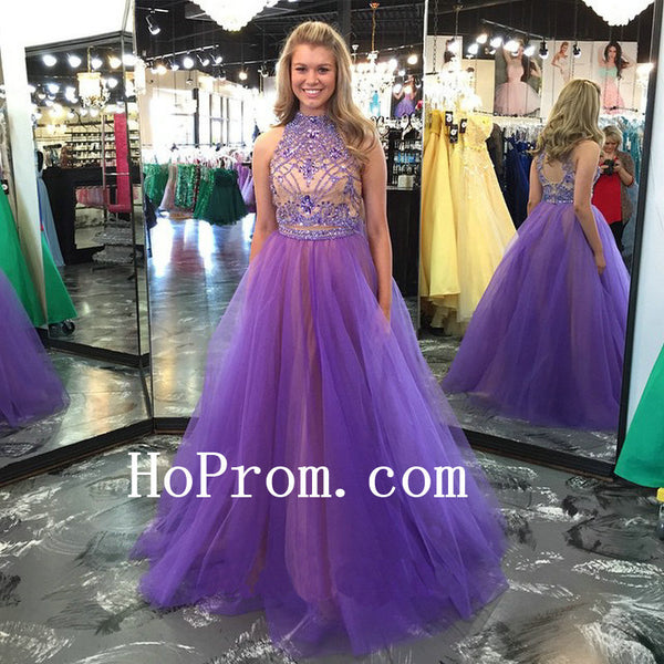 Purple Beads Prom Dresses,High Neck Prom Dress,Evening Dress