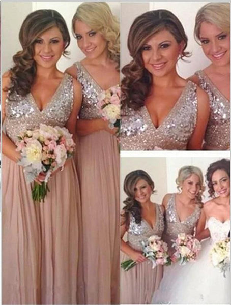 Chiffon V-neck Floor Length Bridesmaid Dresses With Sequin