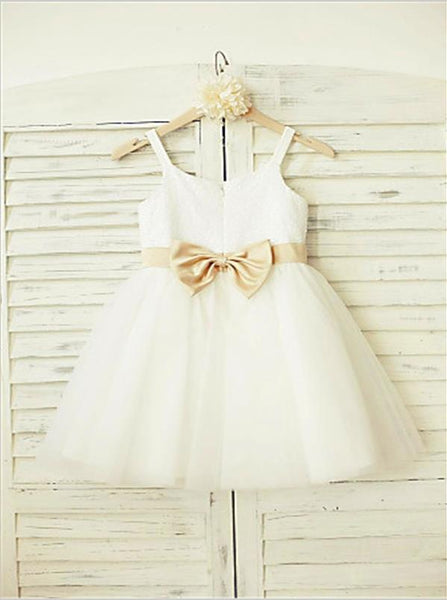 Tulle Princess Spaghetti Straps Flower Girl Dresses Floor Length Dress With Bowknot